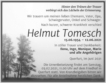 Traueranzeige von Helmut Tomesch von Trauerkombi Merseburg