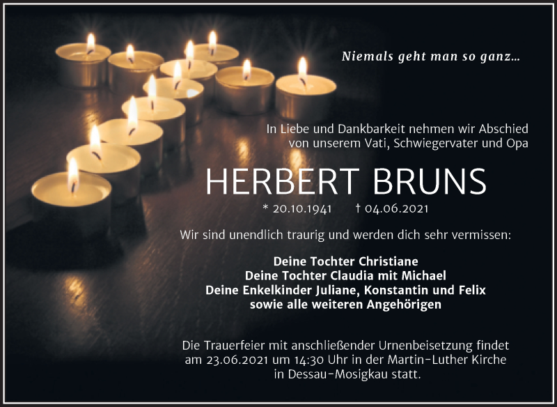  Traueranzeige für Herbert Bruns vom 12.06.2021 aus Trauerkombi Dessau