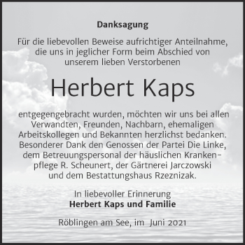 Traueranzeige von Herbert Kaps von Trauerkombi Mansfelder Land