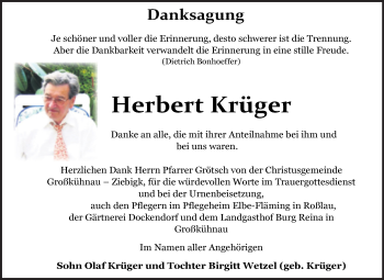 Traueranzeige von Herbert Krüger von Trauerkombi Dessau