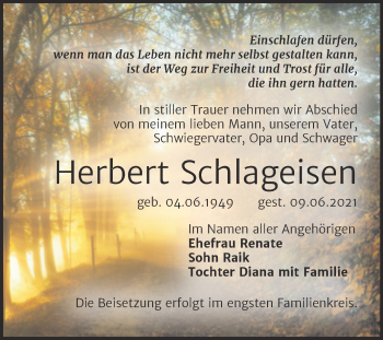 Traueranzeige von Herbert Schlageisen von Trauerkombi Bernburg