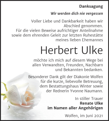 Traueranzeige von Herbert Ulke von Trauerkombi Bitterfeld