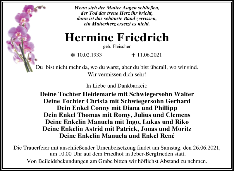  Traueranzeige für Hermine Friedrich vom 16.06.2021 aus Trauerkombi Dessau
