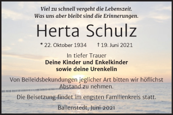 Traueranzeige von Herta Schulz von Trauerkombi Quedlinburg
