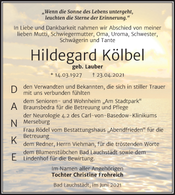 Traueranzeige von Hildegard Kölbel von Trauerkombi Merseburg