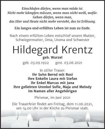 Traueranzeige von Hildegard Krentz von Naumburger Tageblatt
