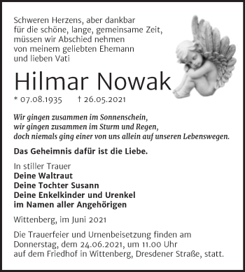Traueranzeige von Hilmar Nowak von Trauerkombi Wittenberg