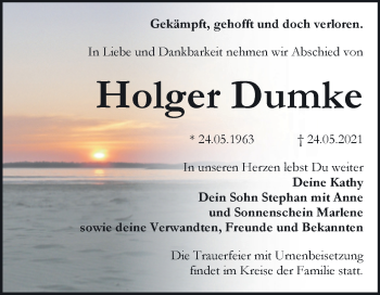 Traueranzeige von Holger Dumke von Trauerkombi Bitterfeld