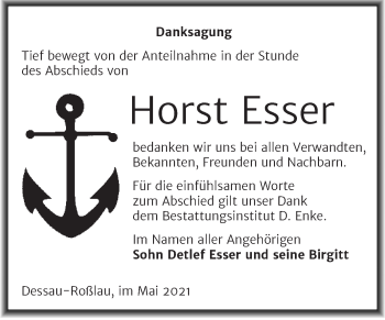 Traueranzeige von Horst Esser von Trauerkombi Dessau