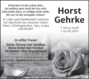 Traueranzeige von Horst Gehrke von Trauerkombi Bitterfeld