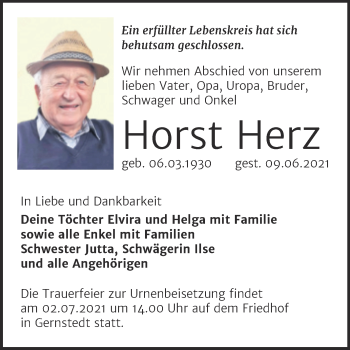 Traueranzeige von Horst Herz von Wochenspiegel Naumburg/Nebra