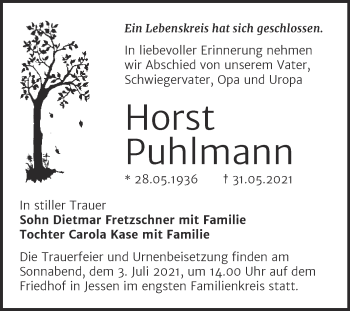 Traueranzeige von Horst Puhlmann von Trauerkombi Wittenberg