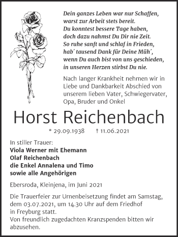 Traueranzeige von Horst Reichenbach von Naumburger Tageblatt
