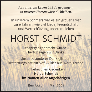 Traueranzeige von Horst Schmidt von Trauerkombi Bernburg