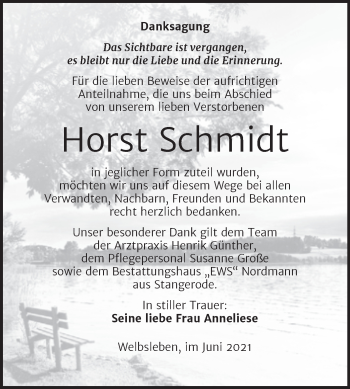 Traueranzeige von Horst Schmidt von Trauerkombi Mansfelder Land