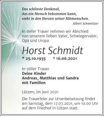 Traueranzeige von Horst Schmidt von Trauerkombi Weißenfels