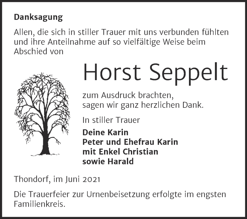  Traueranzeige für Horst Seppelt vom 08.06.2021 aus Trauerkombi Mansfelder Land