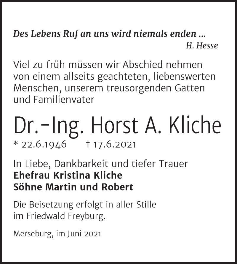  Traueranzeige für Horst A. Kliche vom 26.06.2021 aus Trauerkombi Merseburg