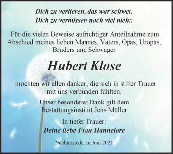 Traueranzeige von Hubert Klose von Trauerkombi Aschersleben