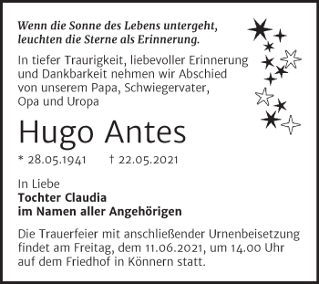 Traueranzeige von Hugo Antes von Trauerkombi Bernburg