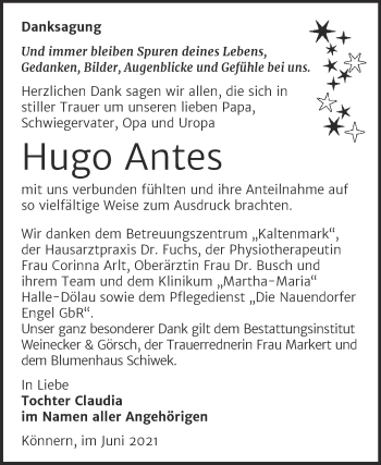 Traueranzeige von Hugo Antes von Trauerkombi Bernburg