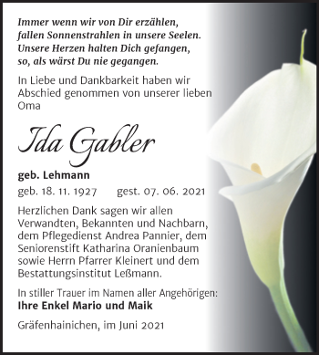 Traueranzeige von Ida Gabler von Trauerkombi Wittenberg
