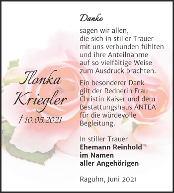 Traueranzeige von Ilonka Kriegler von Trauerkombi Bitterfeld