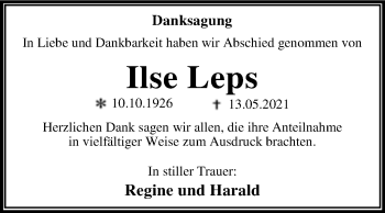 Traueranzeige von Ilse Leps von Trauerkombi Dessau