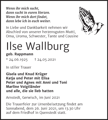 Traueranzeige von Ilse Wallburg von Trauerkombi Mansfelder Land