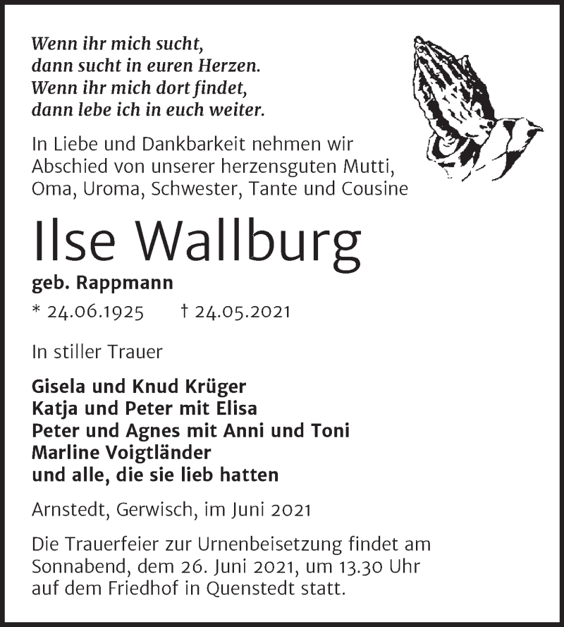  Traueranzeige für Ilse Wallburg vom 04.06.2021 aus Trauerkombi Mansfelder Land