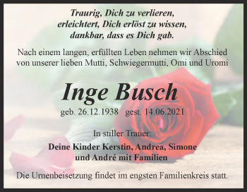 Traueranzeige von Inge Busch von Trauerkombi Quedlinburg