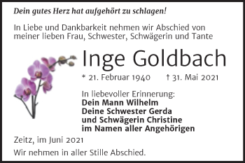 Traueranzeige von Inge Goldbach von Trauerkombi Zeitz
