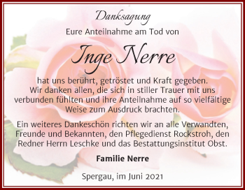 Traueranzeige von Inge Nerre von Trauerkombi Merseburg