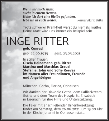 Traueranzeige von Inge Ritter von Trauerkombi Merseburg