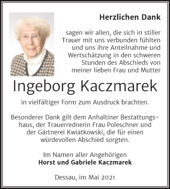 Traueranzeige von Ingeborg Kaczmarek von Trauerkombi Dessau