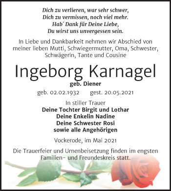 Traueranzeige von Ingeborg Karnagel von Trauerkombi Wittenberg