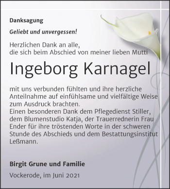 Traueranzeige von Ingeborg Karnagel von Trauerkombi Wittenberg