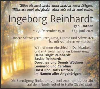 Traueranzeige von Ingeborg Reinhardt von Mitteldeutsche Zeitung Halle/Saalkreis