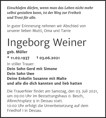 Traueranzeige von Ingeborg Weiner von Trauerkombi Dessau