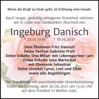 Traueranzeige von Ingeburg Danisch von Trauerkombi Bitterfeld