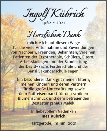 Traueranzeige von Ingolf Kübrich von Trauerkombi Quedlinburg