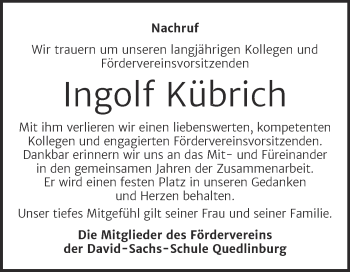Traueranzeige von Ingolf Kübrich von Trauerkombi Quedlinburg
