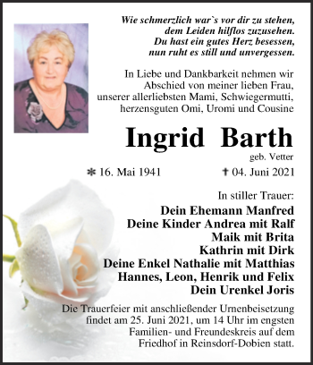Traueranzeige von Ingrid Barth von Trauerkombi Wittenberg