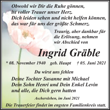 Traueranzeige von Ingrid Gräble von Trauerkombi Aschersleben
