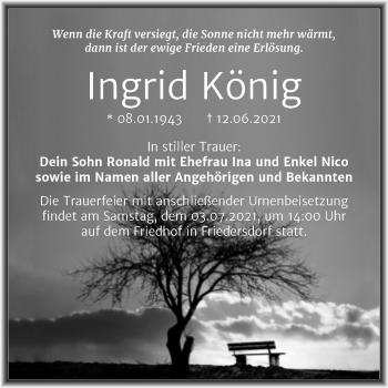 Traueranzeige von Ingrid König von Trauerkombi Bitterfeld