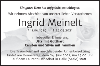 Traueranzeige von Ingrid Meinelt von Mitteldeutsche Zeitung Halle/Saalkreis
