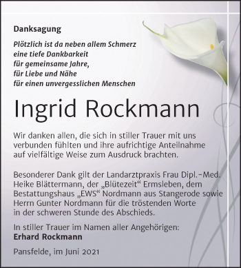 Traueranzeige von Ingrid Rockmann von Trauerkombi Quedlinburg