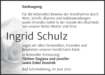 Traueranzeige von Ingrid Schulz von Trauerkombi Wittenberg