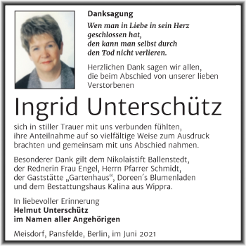 Traueranzeige von Ingrid Unterschütz von Trauerkombi Mansfelder Land