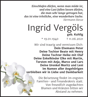 Traueranzeige von Ingrid Vergöls von Trauerkombi Bitterfeld
